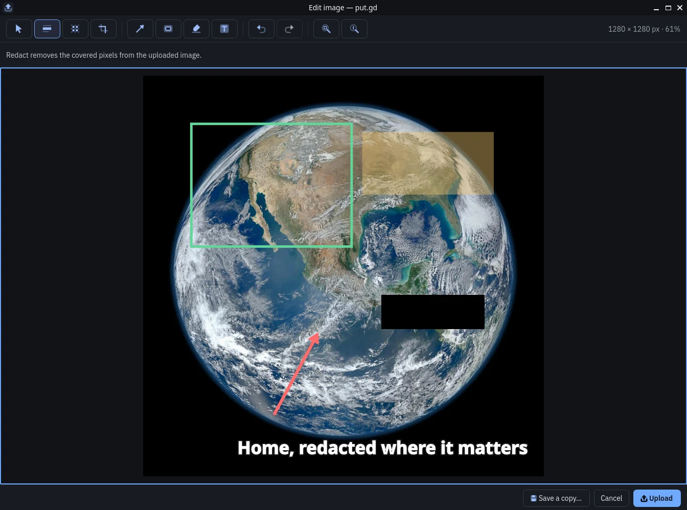 The put.gd editor on GNOME: a photo of Earth with a rectangle, a highlight, a solid redaction box, an arrow and a caption.