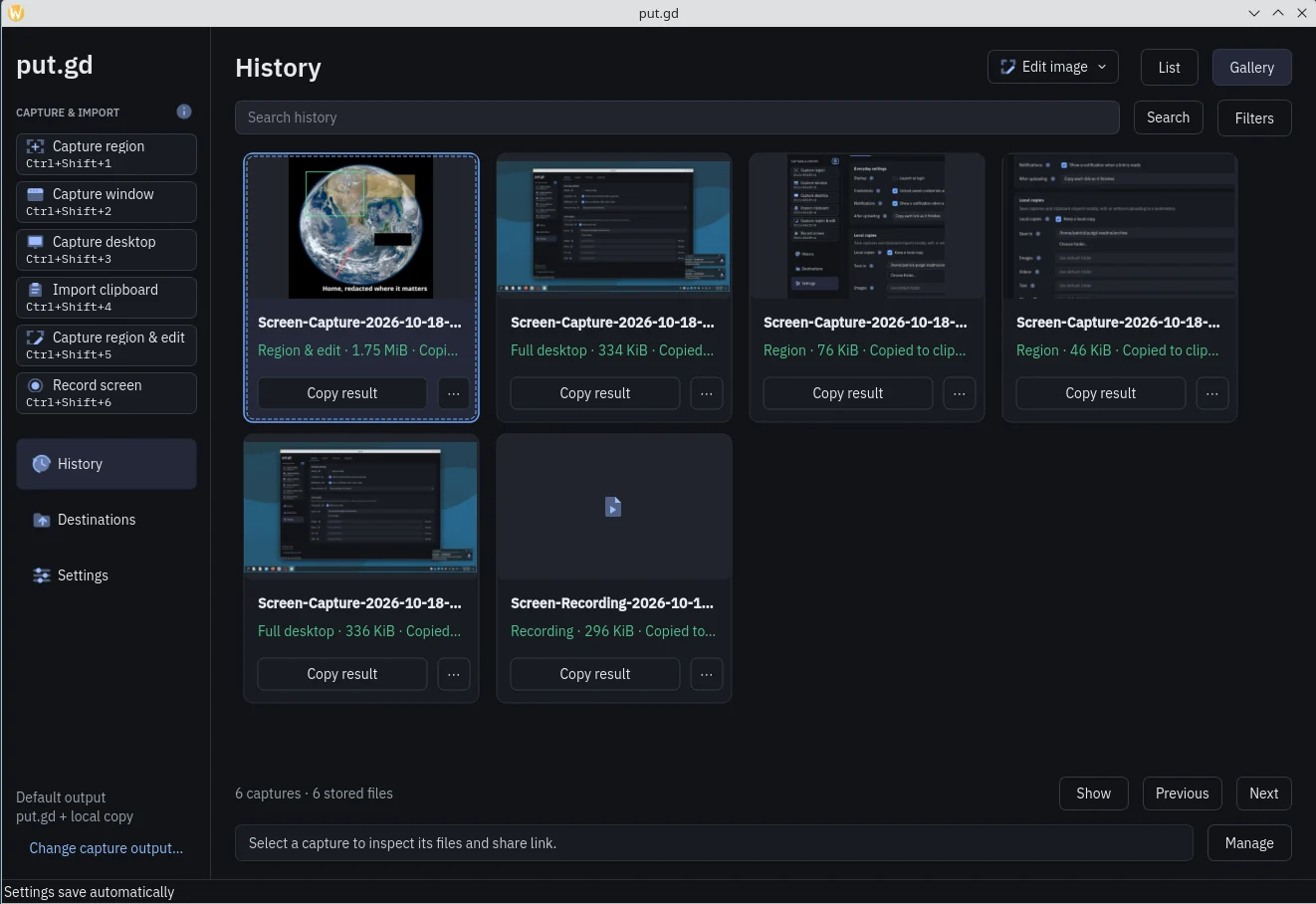 History in gallery view on KDE Plasma, showing region captures, desktop captures and a screen recording with Copy result buttons.