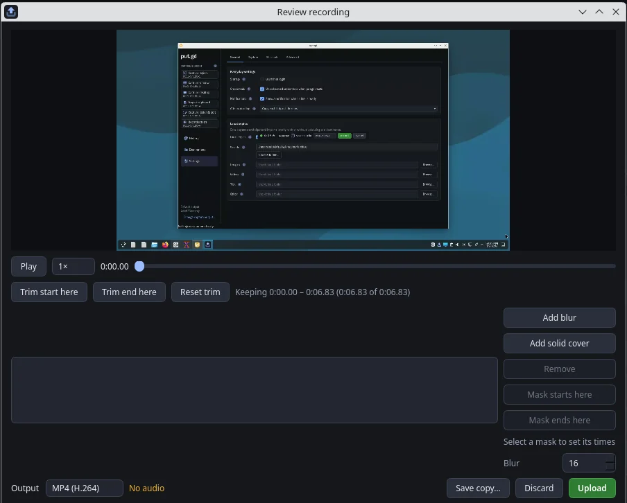 The recording review window on KDE Plasma with playback, trim, blur and solid masks, and the output format.