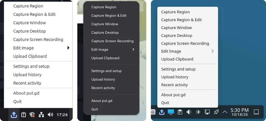 The put.gd tray menu on Cinnamon, GNOME and KDE Plasma, each listing capture region, region and edit, window, desktop, screen recording, edit image and upload clipboard.